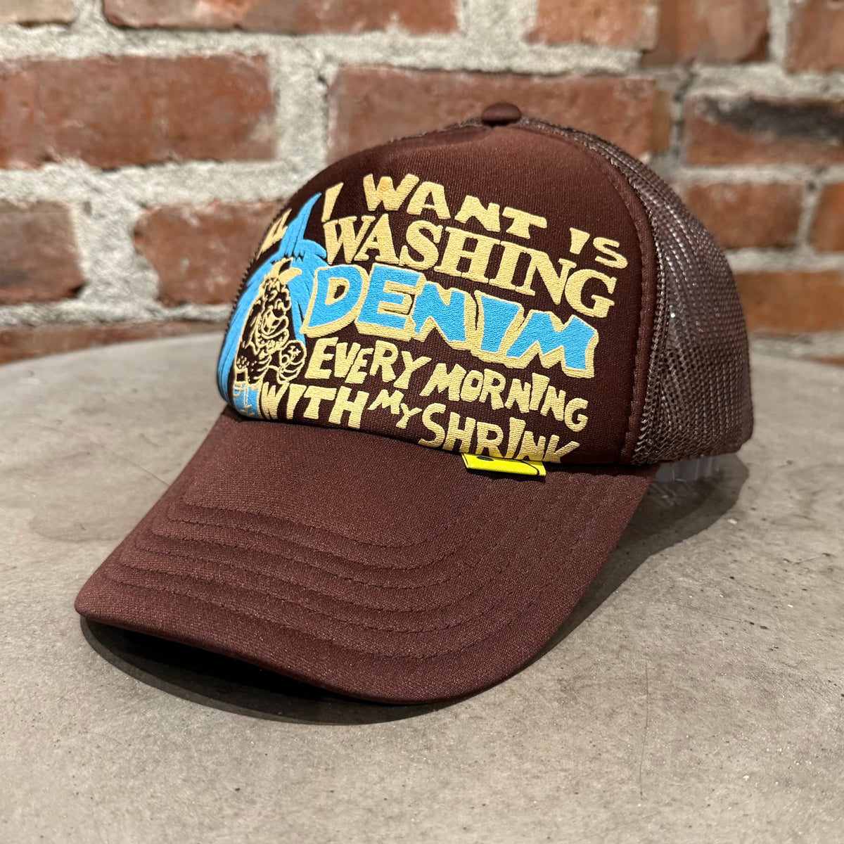 KAPITAL ALL I WANT IS WASHING DENIM TRUCKER HAT ‘BROWN’