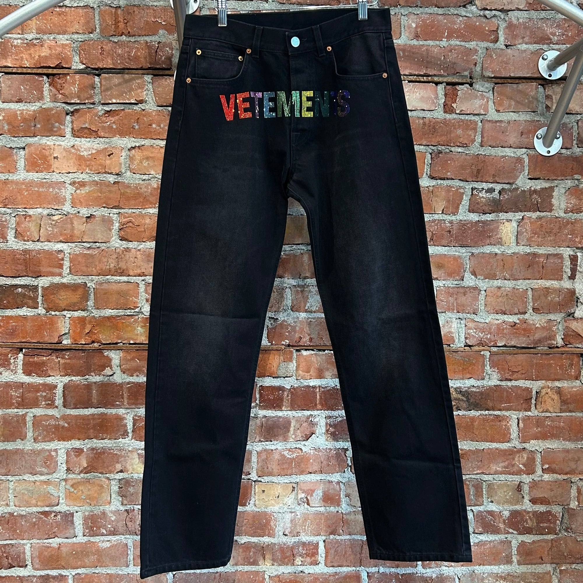VETEMENTS SS19 RHINESTONE EMBELLISHED STRAIGHT DENIM  ‘BLACK’