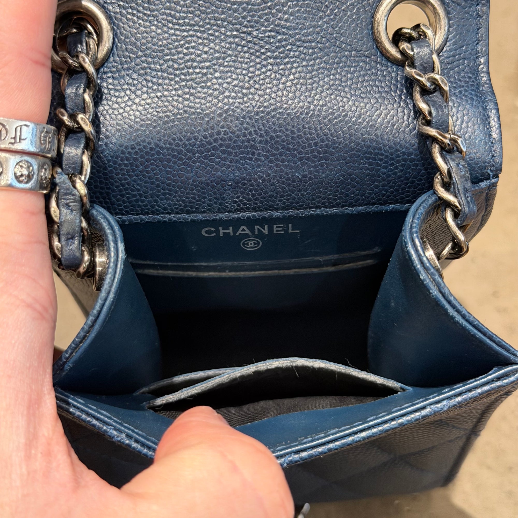 CHANEL QUILTED CAVIAR MINI WALLET BAG ON CHAIN ‘NAVY’