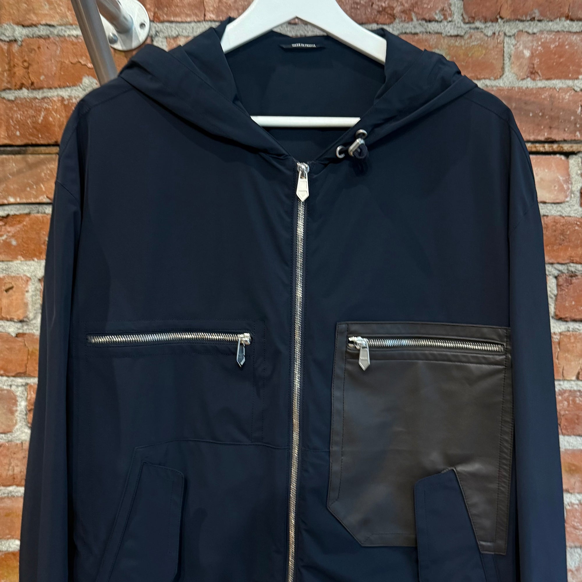 HERMES HOODED BLOUSON LEATHER DETAIL JACKET ‘NAVY’