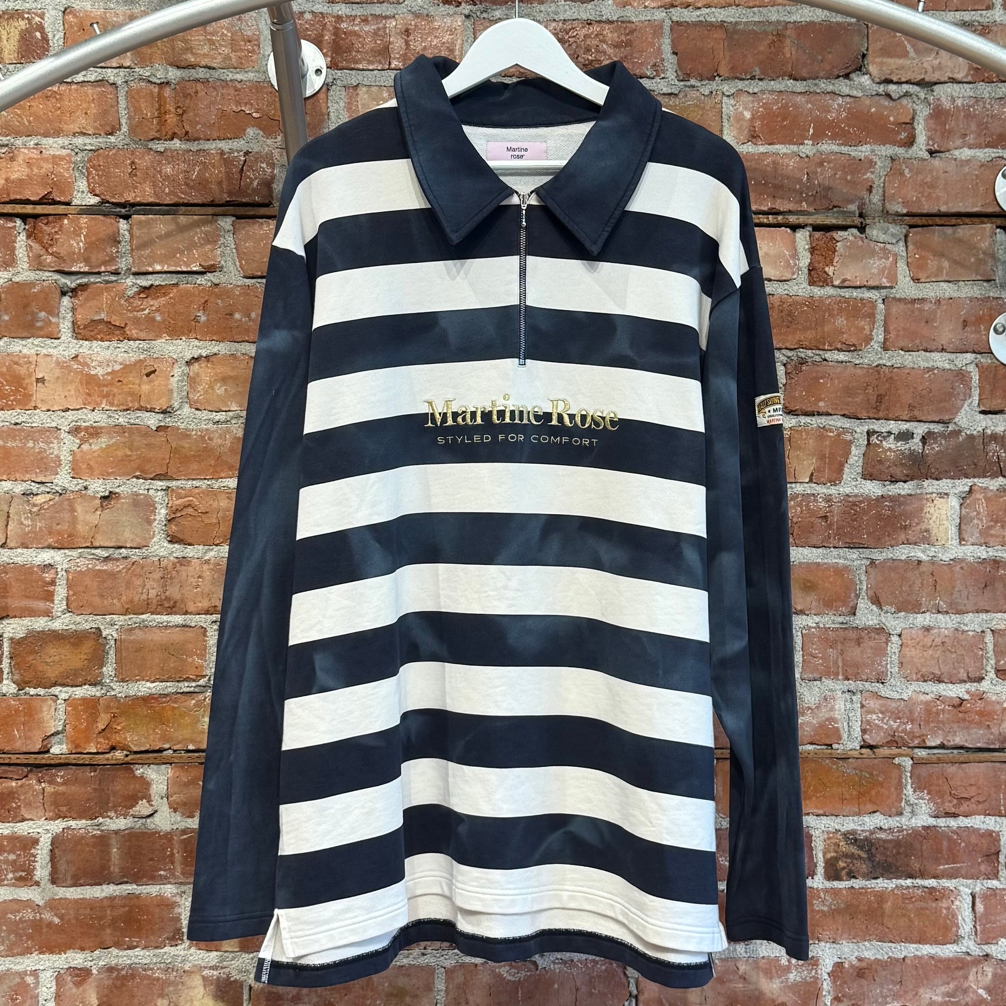 MARTINE ROSE EMBROIDERED QUARTER ZIP RUGBY ‘NAVY/WHITE’