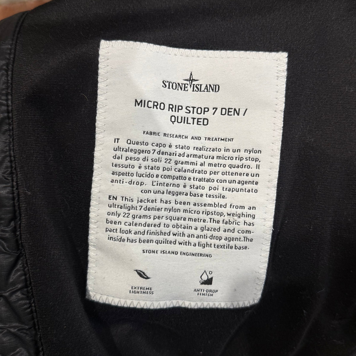 STONE ISLAND SS12 MICRO RIPSTOP 7-DEN QUILTED JACKET ‘BLACK’