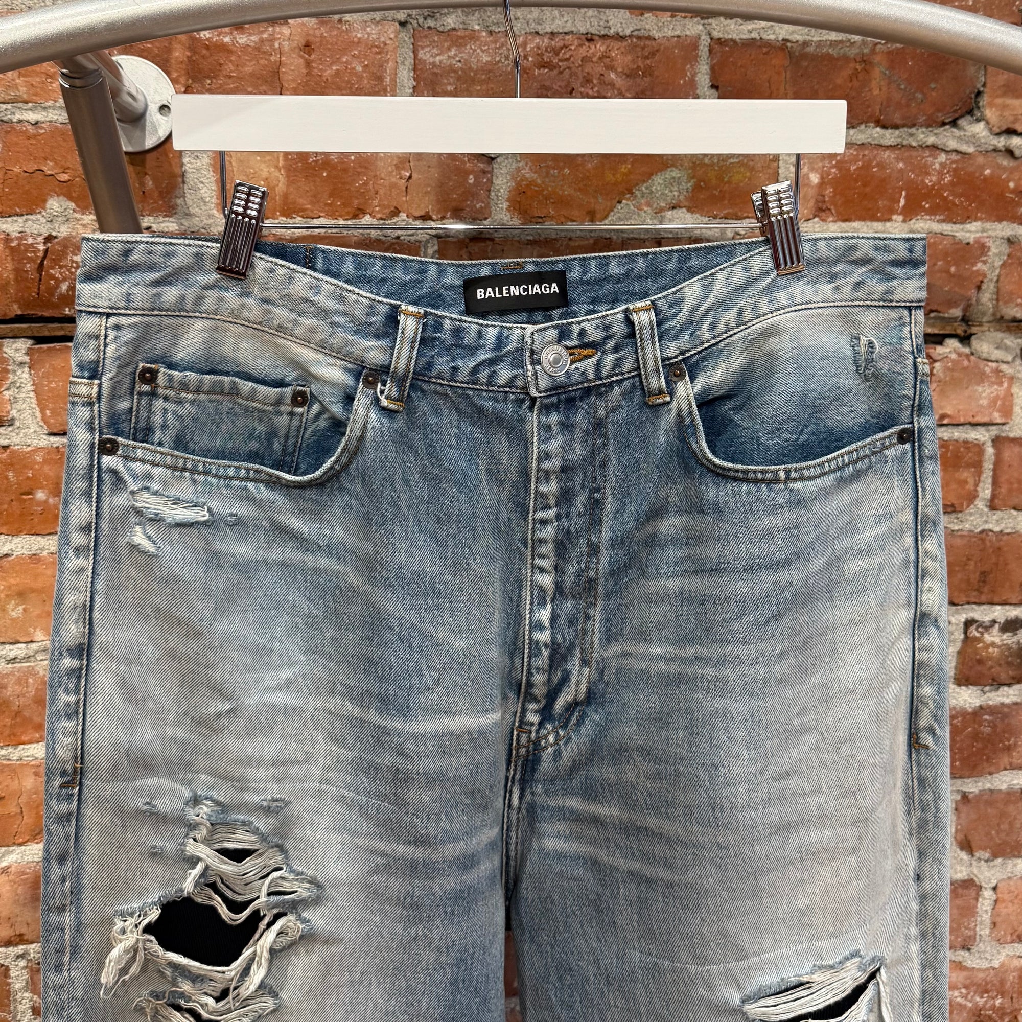 BALENCIAGA DOUBLE LAYERED DISTRESSED LOGO DENIM ‘BLUE/BLACK’
