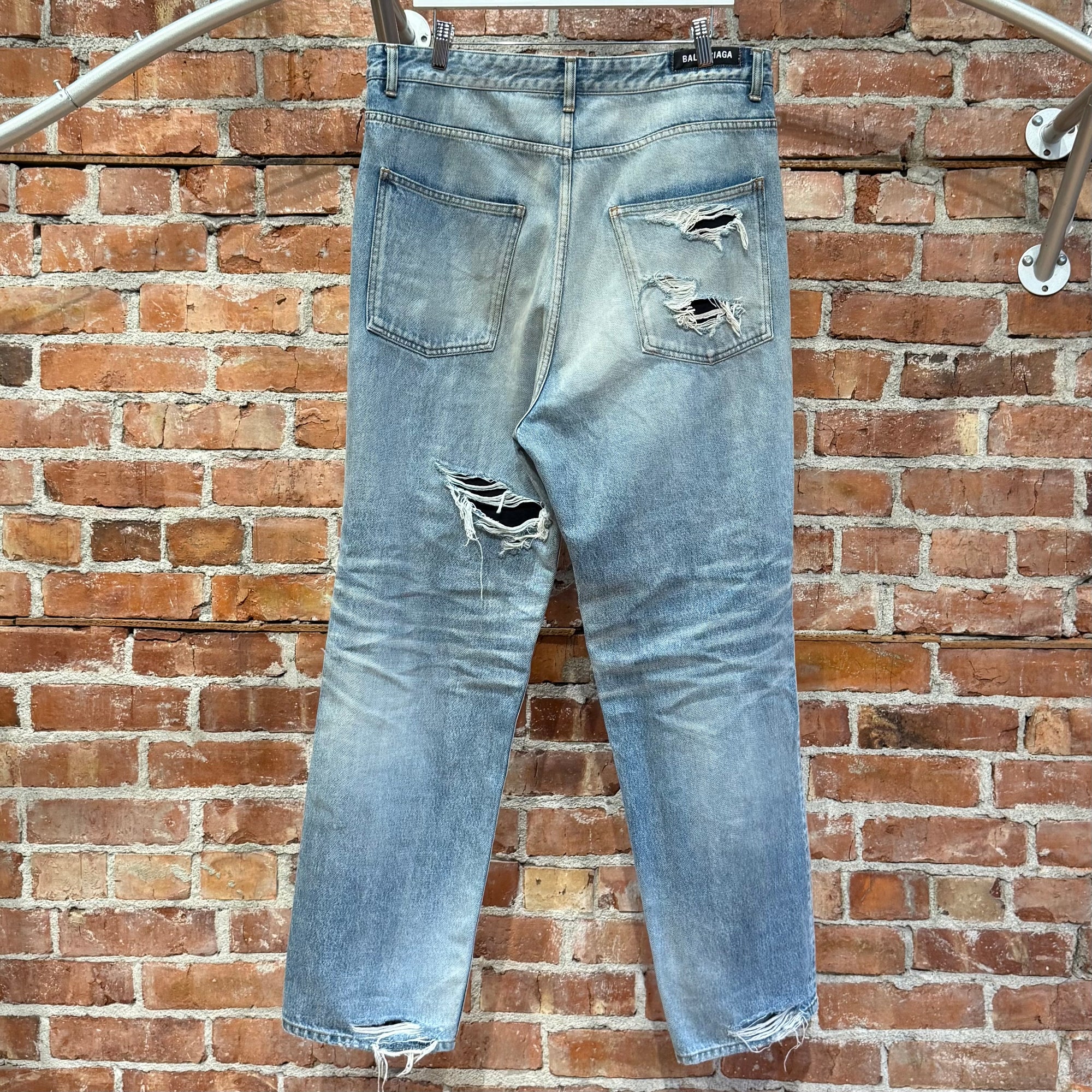 BALENCIAGA DOUBLE LAYERED DISTRESSED LOGO DENIM ‘BLUE/BLACK’