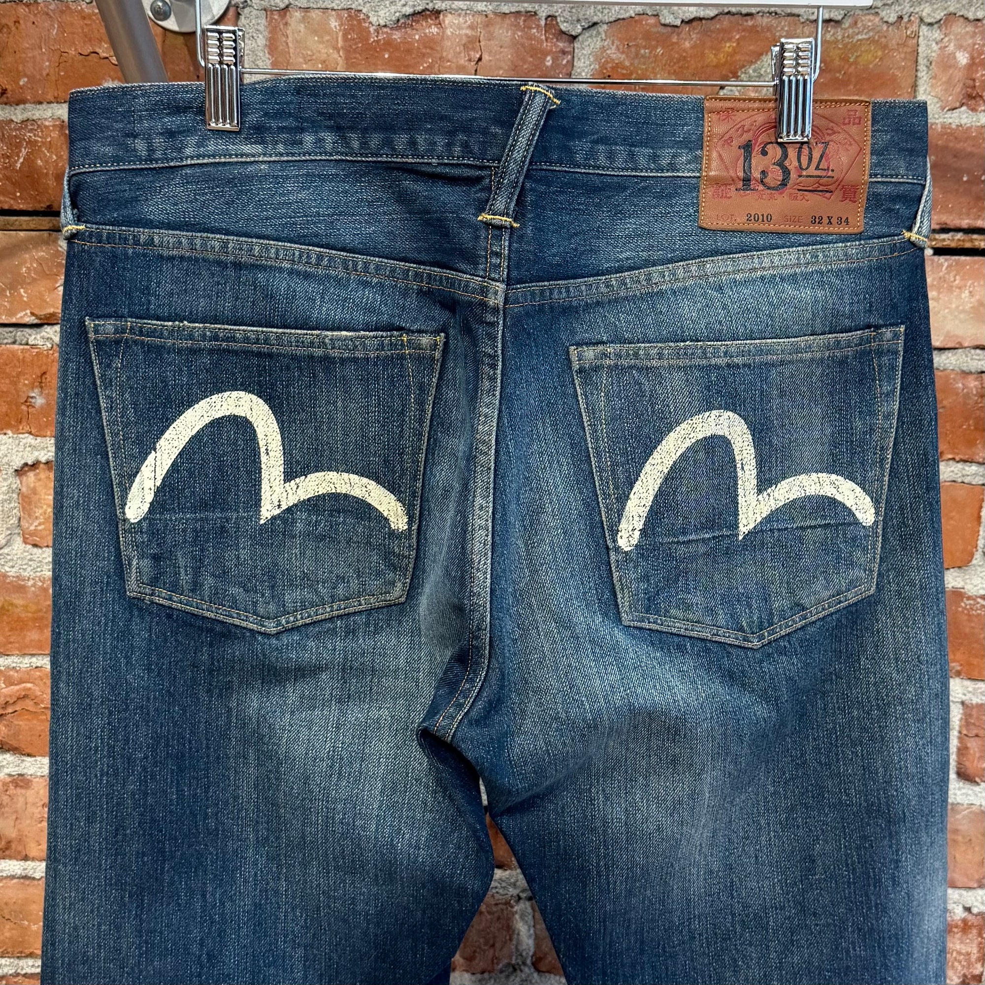 EVISU LOT 2010 13OZ SLIM STRAIGHT DENIM JEANS ‘FADED INDIGO/WHITE’
